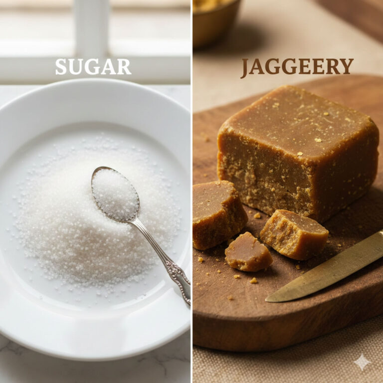 Sugar vs Jaggery comparative image