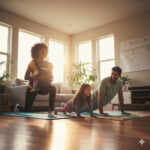 Busy parents exercising at home with baby in carrier and young child doing push-ups