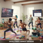 A diverse group of people engaging in various home workouts using fitness apps on their devices, showcasing the versatility and convenience of digital fitness.