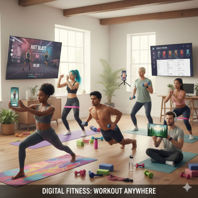 A diverse group of people engaging in various home workouts using fitness apps on their devices, showcasing the versatility and convenience of digital fitness.