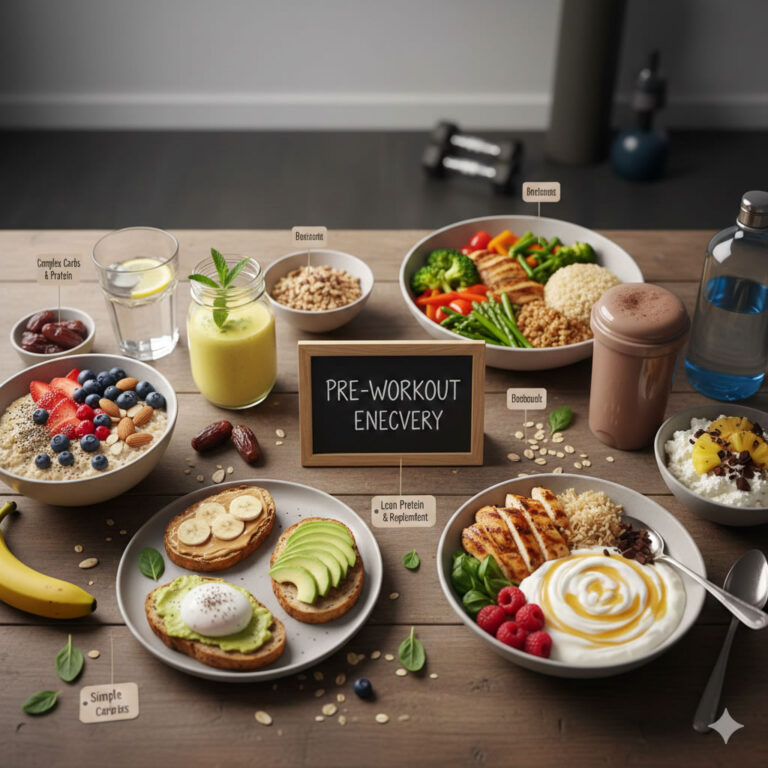 Infographic showing what to eat before and after workout for recovery.