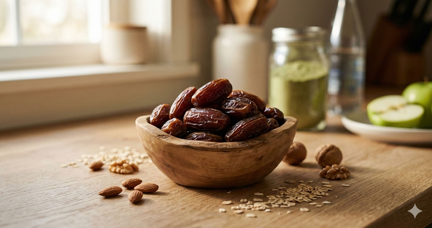 A bowl of fresh Medjool dates on a wooden table, healthy snack for fat loss