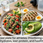 A balanced athlete meal plate featuring a large portion of quinoa salad with vegetables (complex carbohydrates), grilled chicken breast with hard-boiled eggs (lean protein), and sliced avocado with seeds (healthy fats) on a rustic wooden table.