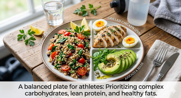A balanced athlete meal plate featuring a large portion of quinoa salad with vegetables (complex carbohydrates), grilled chicken breast with hard-boiled eggs (lean protein), and sliced avocado with seeds (healthy fats) on a rustic wooden table.